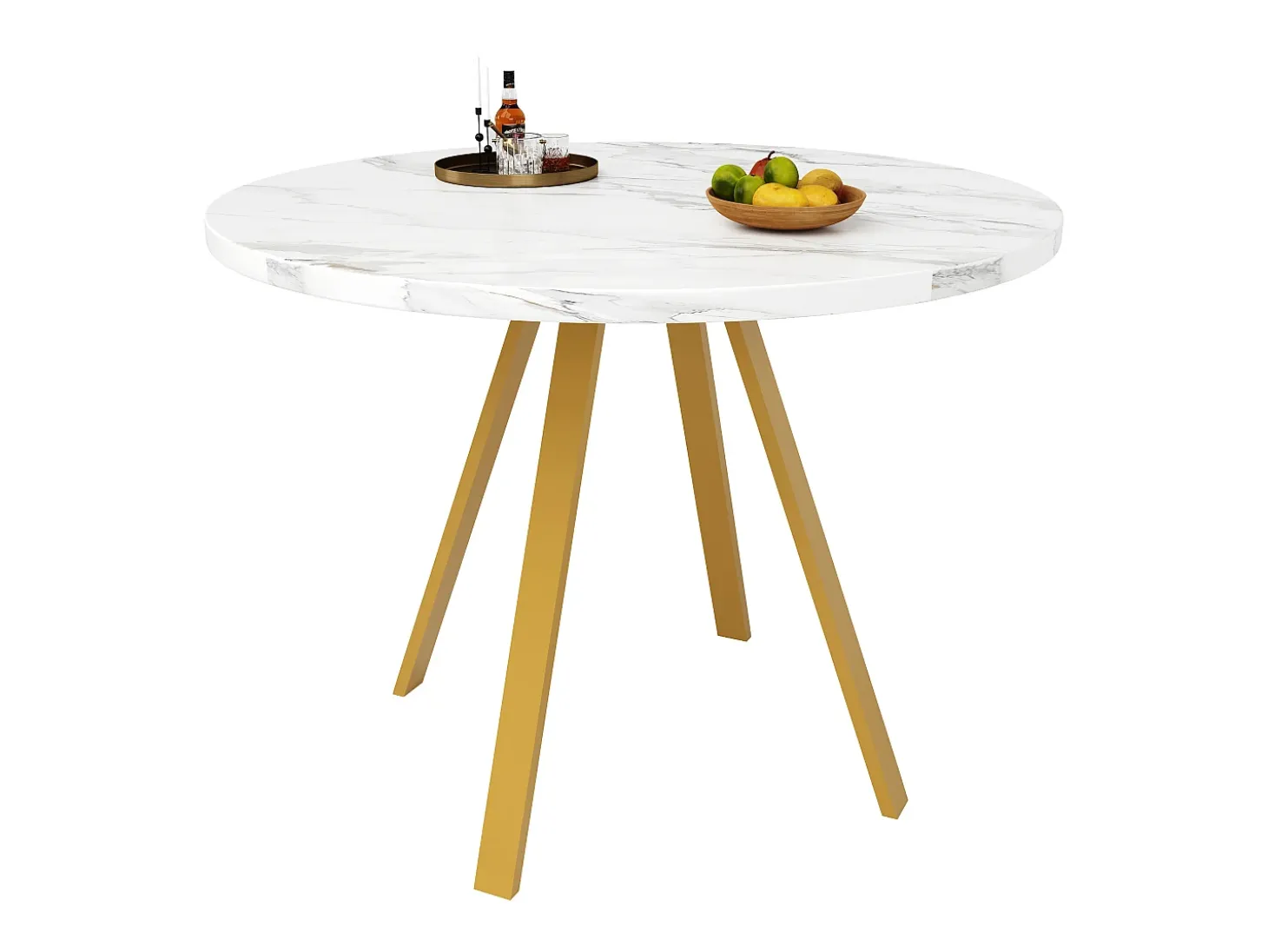 Mesa de comedor redonda, diseño elegante, MDF y metal, patas marmoladas blancas y doradas (80x80x75cm)
