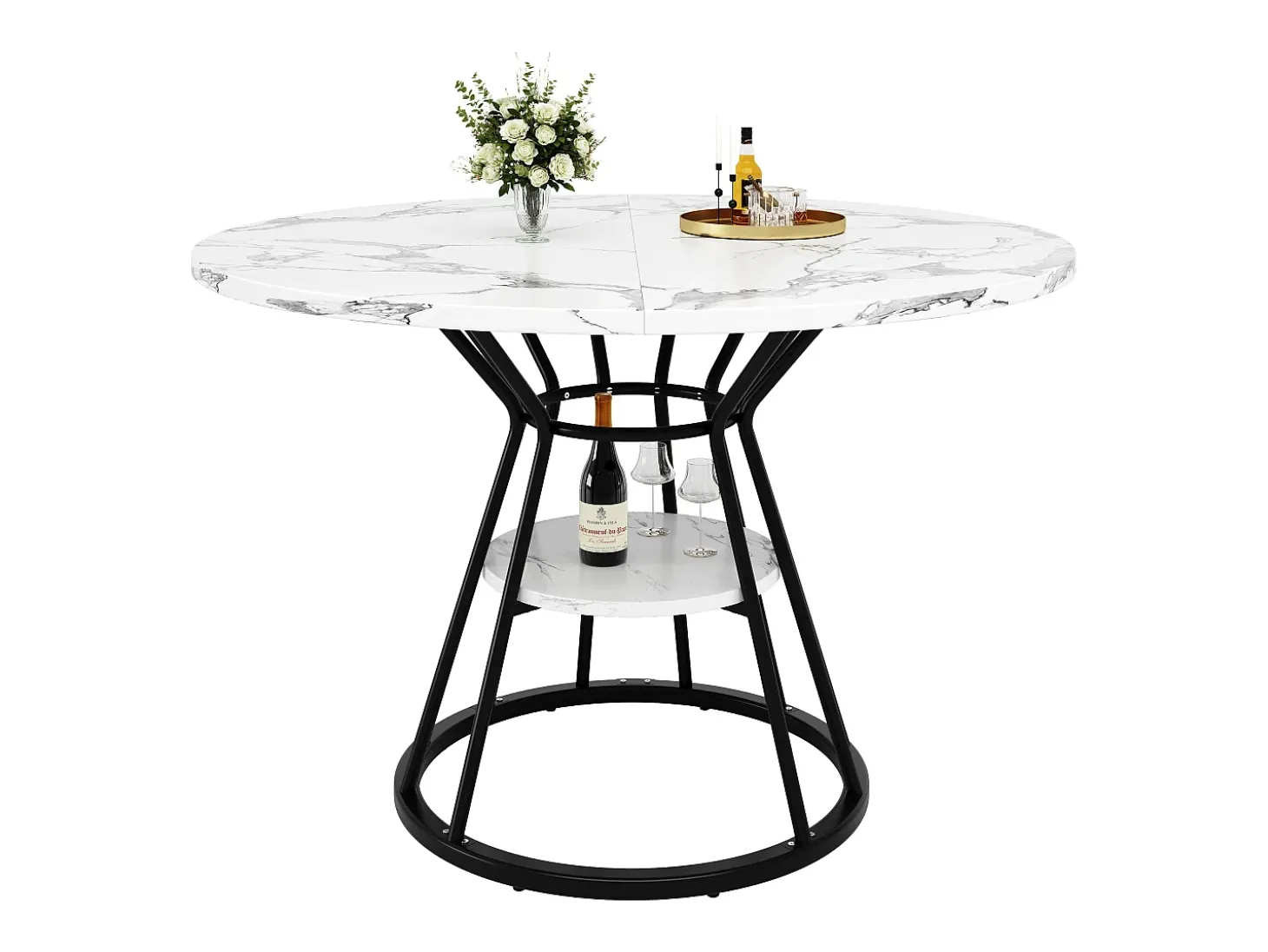 Mesa de comedor redonda, diseño moderno con tapa de mármol y patas de metal, MDF y metal, color negro y dorado (100x100x76cm)