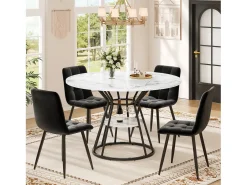 Mesa de comedor redonda, diseño moderno con tapa de mármol y patas de metal, MDF y metal, color negro y dorado (100x100x76cm)
