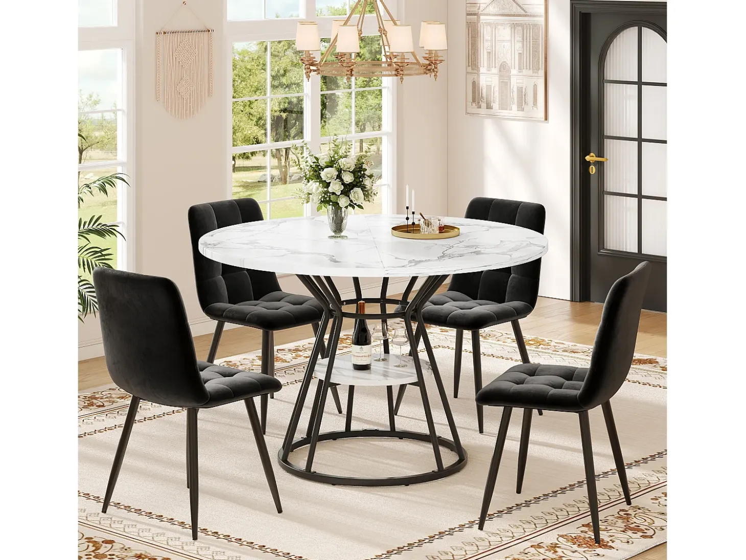 Mesa de comedor redonda, diseño moderno con tapa de mármol y patas de metal, MDF y metal, color negro y dorado (100x100x76cm)