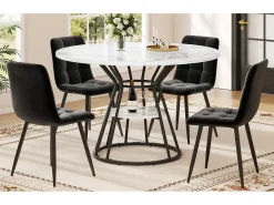 Mesa de comedor redonda, diseño moderno con tapa de mármol y patas de metal, MDF y metal, color negro y dorado (100x100x76cm)