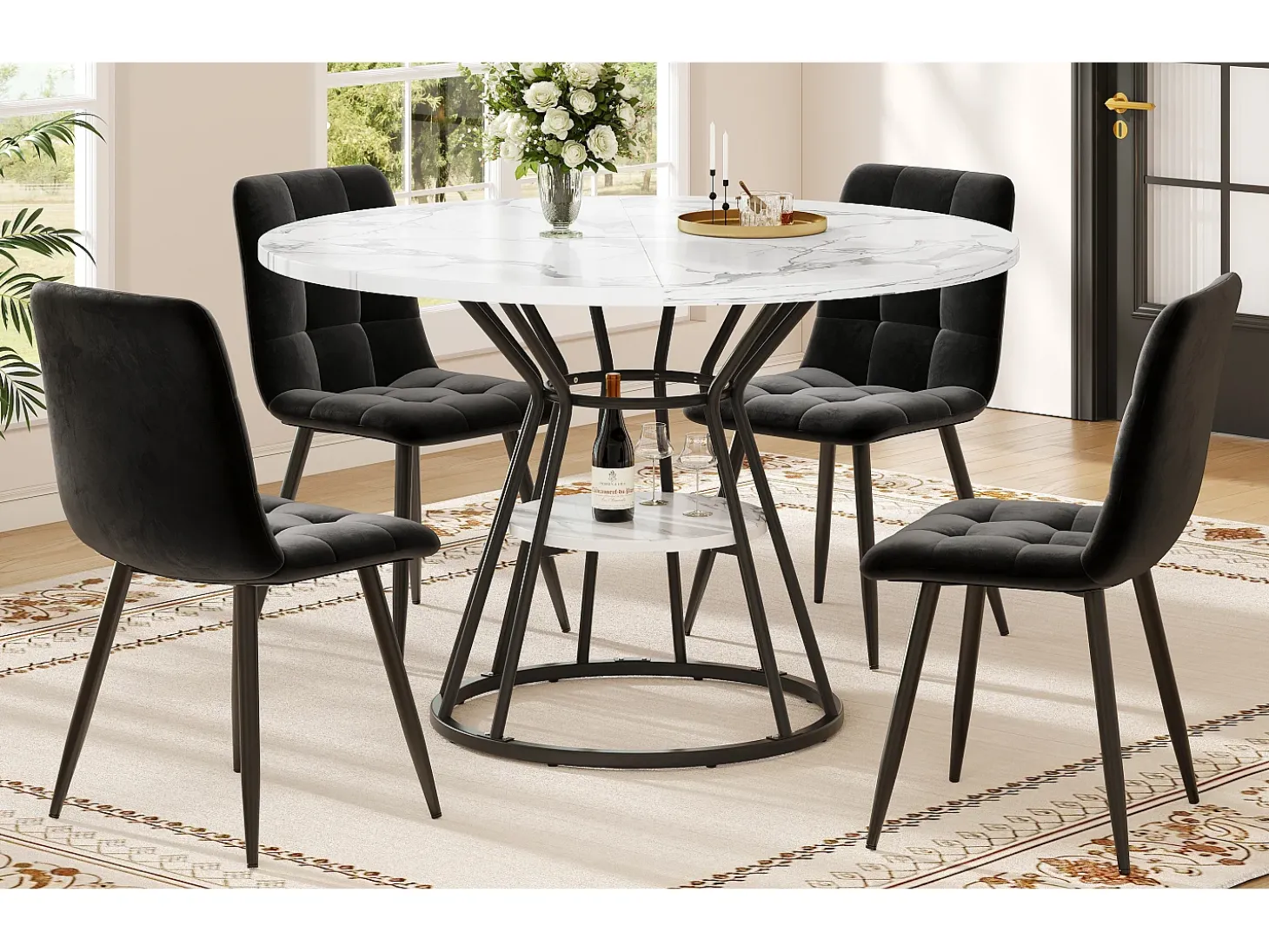 Mesa de comedor redonda, diseño moderno con tapa de mármol y patas de metal, MDF y metal, color negro y dorado (100x100x76cm)