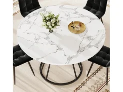 Mesa de comedor redonda, diseño moderno con tapa de mármol y patas de metal, MDF y metal, color negro y dorado (100x100x76cm)