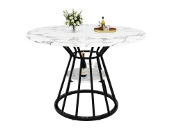 Mesa de comedor redonda, diseño moderno con tapa de mármol y patas de metal, MDF y metal, color negro y dorado (100x100x76cm)