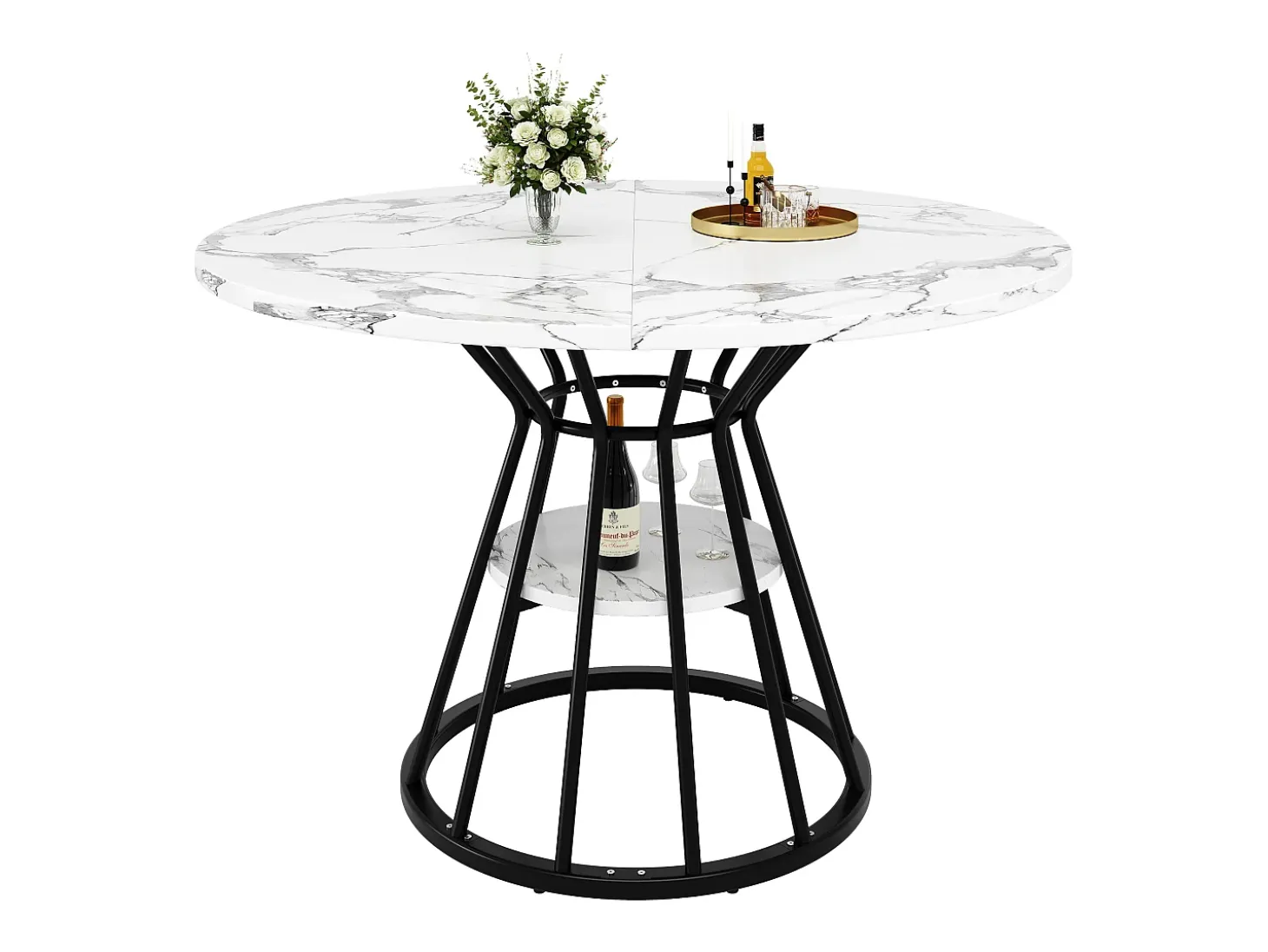 Mesa de comedor redonda, diseño moderno con tapa de mármol y patas de metal, MDF y metal, color negro y dorado (100x100x76cm)