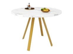 Mesa de comedor redonda de 80x80x75cm con tablero chapado efecto mármol blanco y patas de metal dorado.