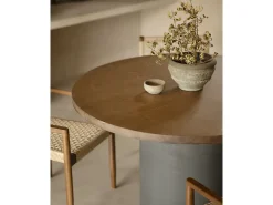 Mesa de comedor redonda de madera maciza tono roble oscuro y patas de microcemento en tono verde DECOWOOD de Ø120x75cm - LUCÍA - DECOWOOD