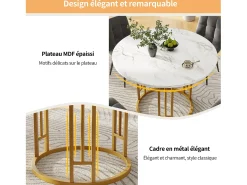 Mesa de comedor redonda de 80x80x76cm con tablero chapado efecto mármol blanco y estructura de metal dorado.