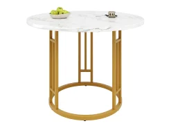 Mesa de comedor redonda de 80x80x76cm con tablero chapado efecto mármol blanco y estructura de metal dorado.
