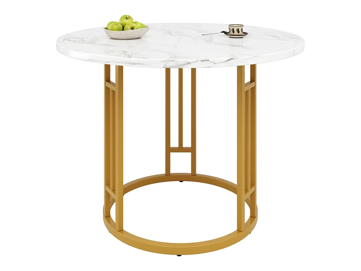 Mesa de comedor redonda de 80x80x76cm con tablero chapado efecto mármol blanco y estructura de metal dorado.