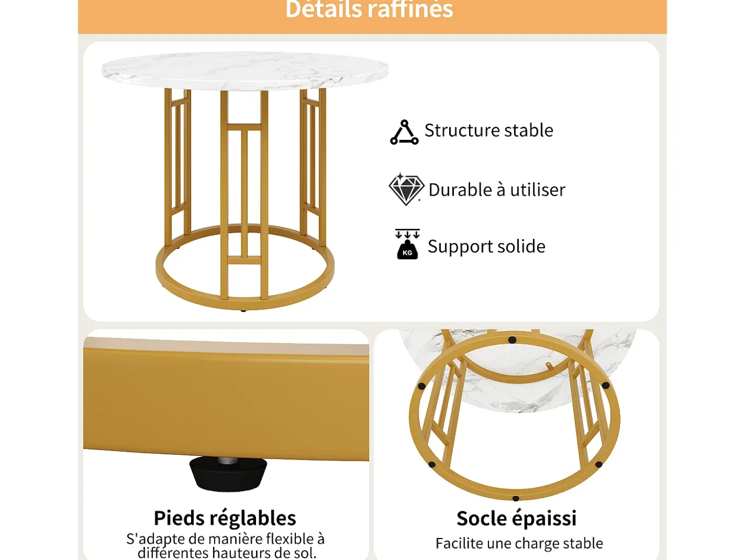 Mesa de comedor redonda de 80x80x76cm con tablero chapado efecto mármol blanco y estructura de metal dorado.