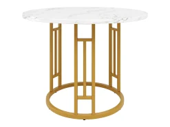 Mesa de comedor redonda de 80x80x76cm con tablero chapado efecto mármol blanco y estructura de metal dorado.