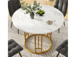 Mesa de comedor redonda de 80x80x76cm con tablero chapado efecto mármol blanco y estructura de metal dorado.