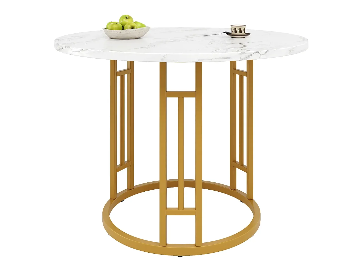Mesa de comedor redonda de 80x80x76cm con tablero chapado efecto mármol blanco y estructura de metal dorado.
