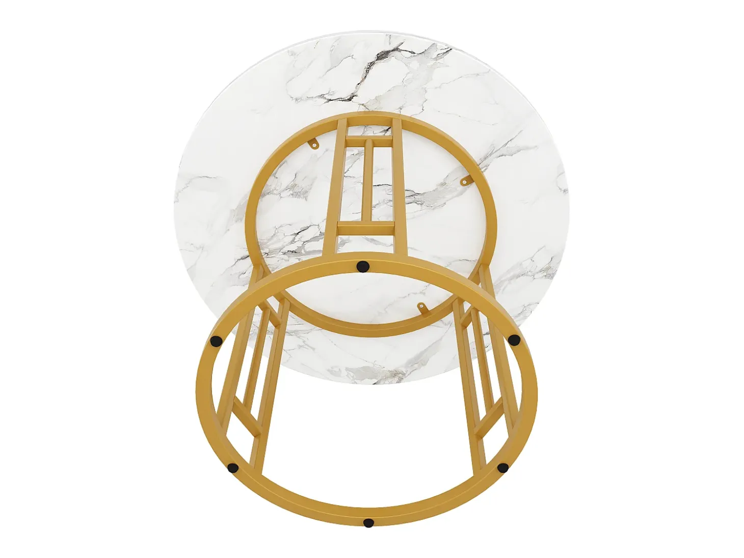 Mesa de comedor redonda de 80x80x76cm con tablero chapado efecto mármol blanco y estructura de metal dorado.