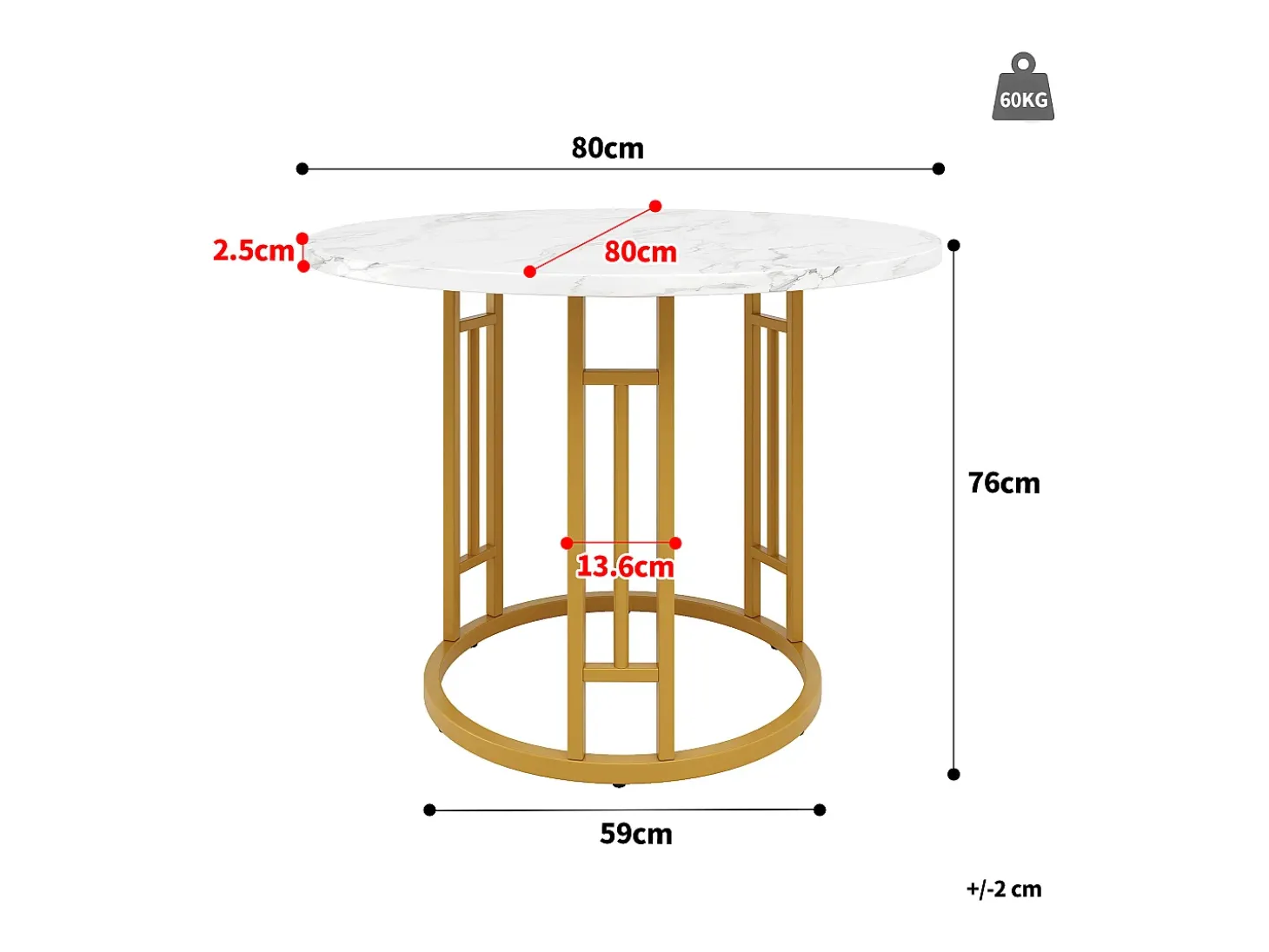 Mesa de comedor redonda de 80x80x76cm con tablero chapado efecto mármol blanco y estructura de metal dorado.
