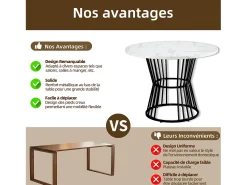 Mesa de comedor redonda, diseño de mármol, estructura de metal, adecuada para restaurante, comedor, color negro.