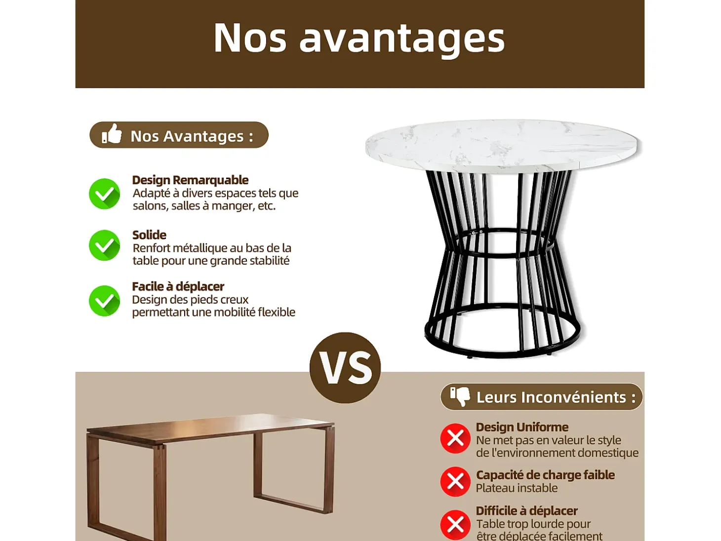 Mesa de comedor redonda, diseño de mármol, estructura de metal, adecuada para restaurante, comedor, color negro.