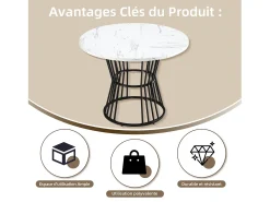 Mesa de comedor redonda, diseño de mármol, estructura de metal, adecuada para restaurante, comedor, color negro.