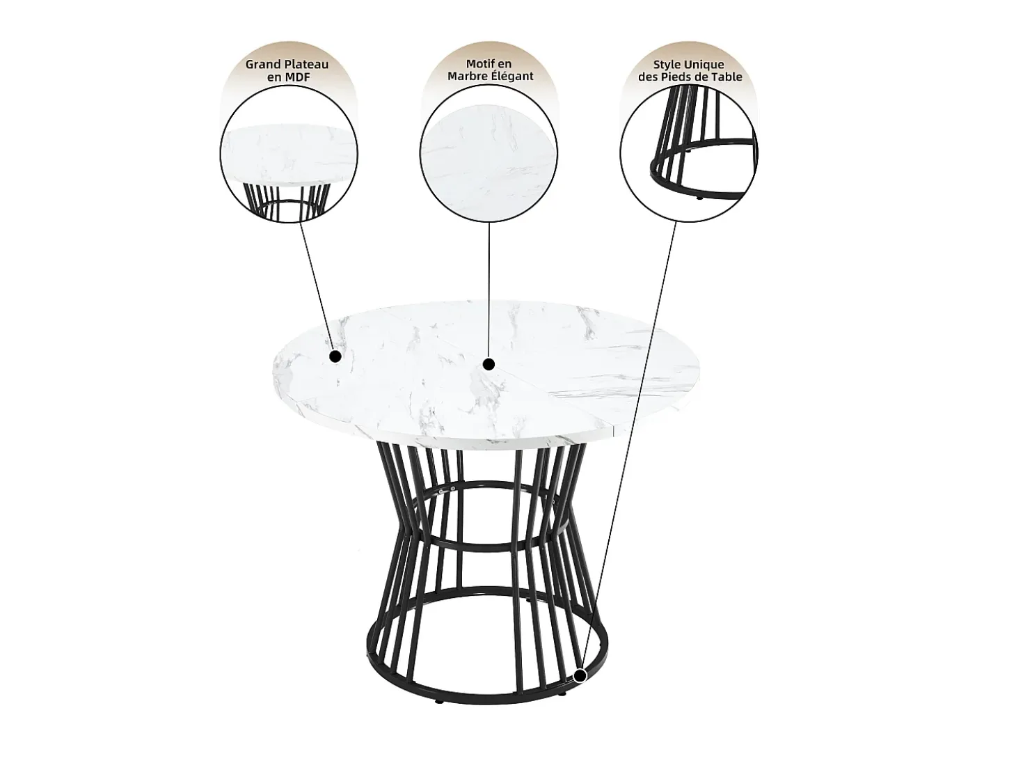 Mesa de comedor redonda, diseño de mármol, estructura de metal, adecuada para restaurante, comedor, color negro.