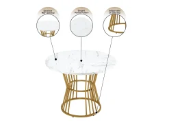 Mesa de comedor redonda, diseño de mármol, estructura de metal, adecuada para restaurante, comedor, color dorado.