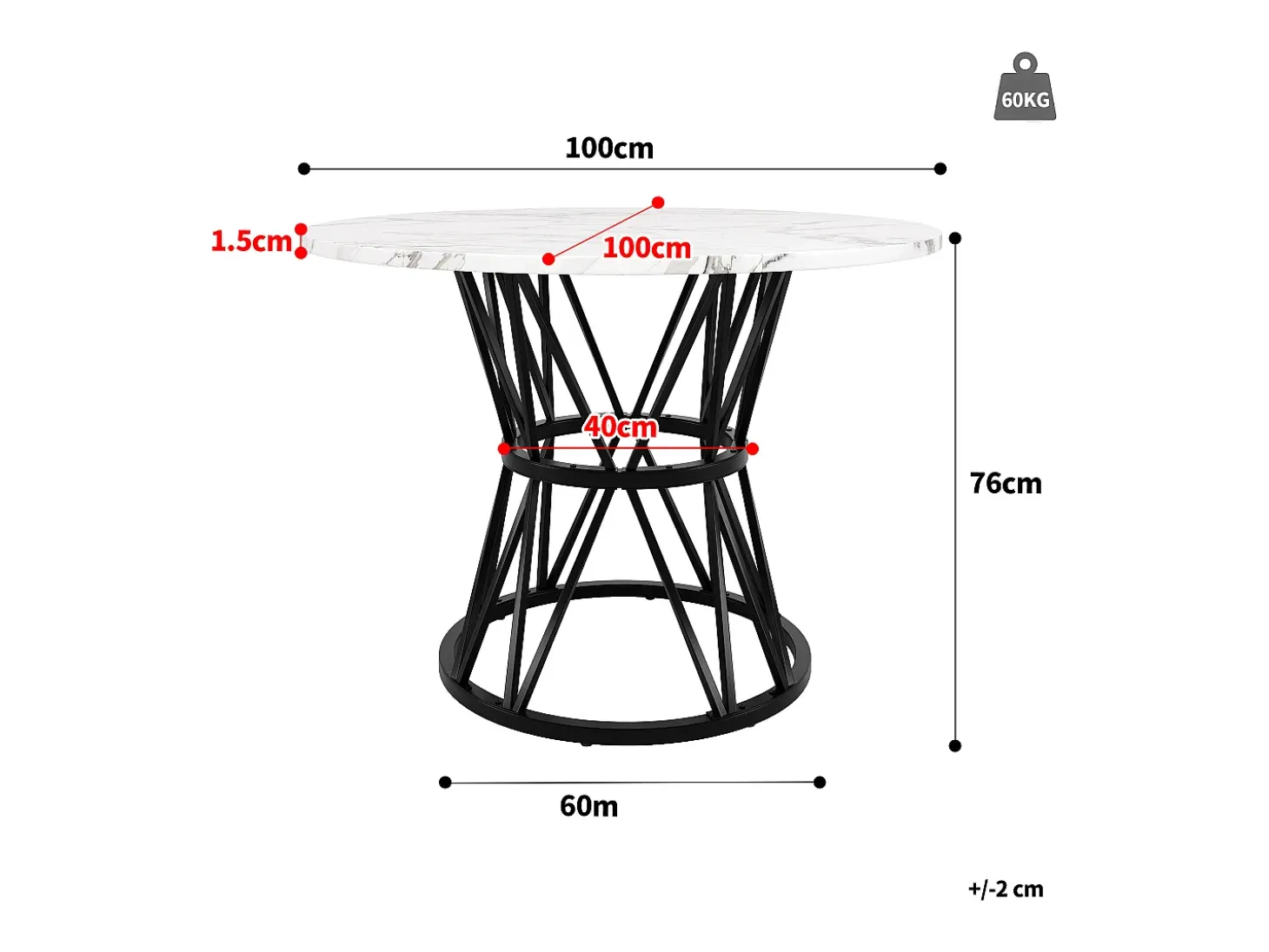 Mesa de comedor redonda de 100 cm, tablero de MDF de PVC efecto mármol, patas de metal negro - para comedor y salón