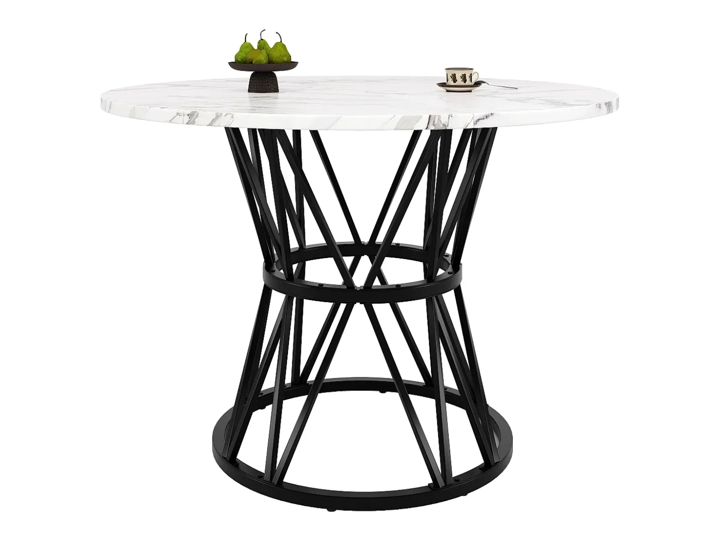 Mesa de comedor redonda de 100 cm, tablero de MDF de PVC efecto mármol, patas de metal negro - para comedor y salón