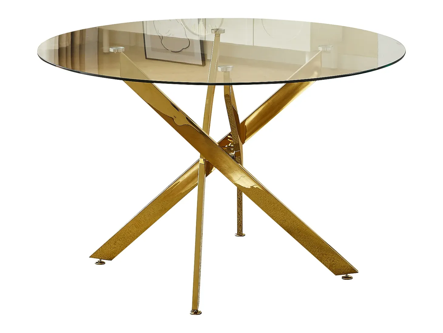 Mesa de comedor redonda de vidrio templado transparente y metal dorado – 4 personas – CHIARA