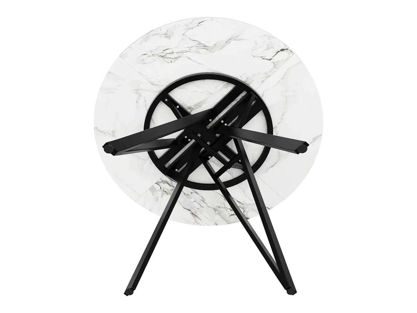 Mesa de comedor redonda de 100 cm con tablero de MDF efecto mármol y patas de metal negro - para cocina y salón