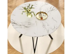 Mesa de comedor redonda de 100 cm con tablero de MDF efecto mármol y patas de metal negro - para cocina y salón