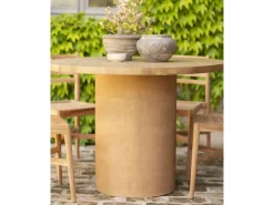 Mesa de comedor redonda de madera maciza tono roble medio y patas de microcemento en tono terracota DECOWOOD de Ø100x75cm - LUCÍA - DECOWOOD