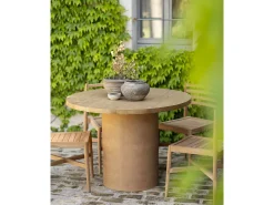 Mesa de comedor redonda de madera maciza tono roble medio y patas de microcemento en tono terracota DECOWOOD de Ø100x75cm - LUCÍA - DECOWOOD