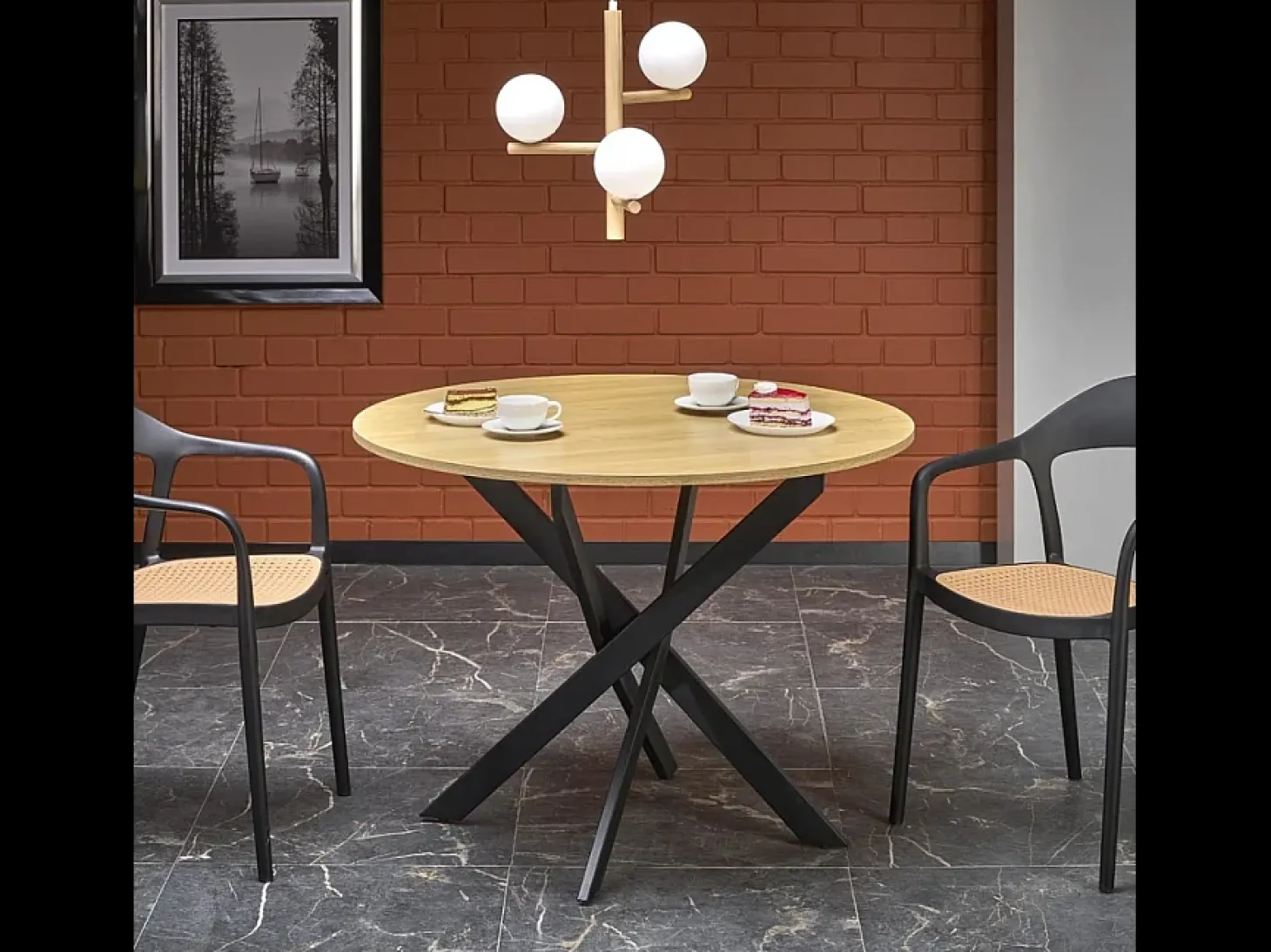 Mesa de comedor redonda de 100 cm con tablero de roble dorado y patas negras EDGAR
