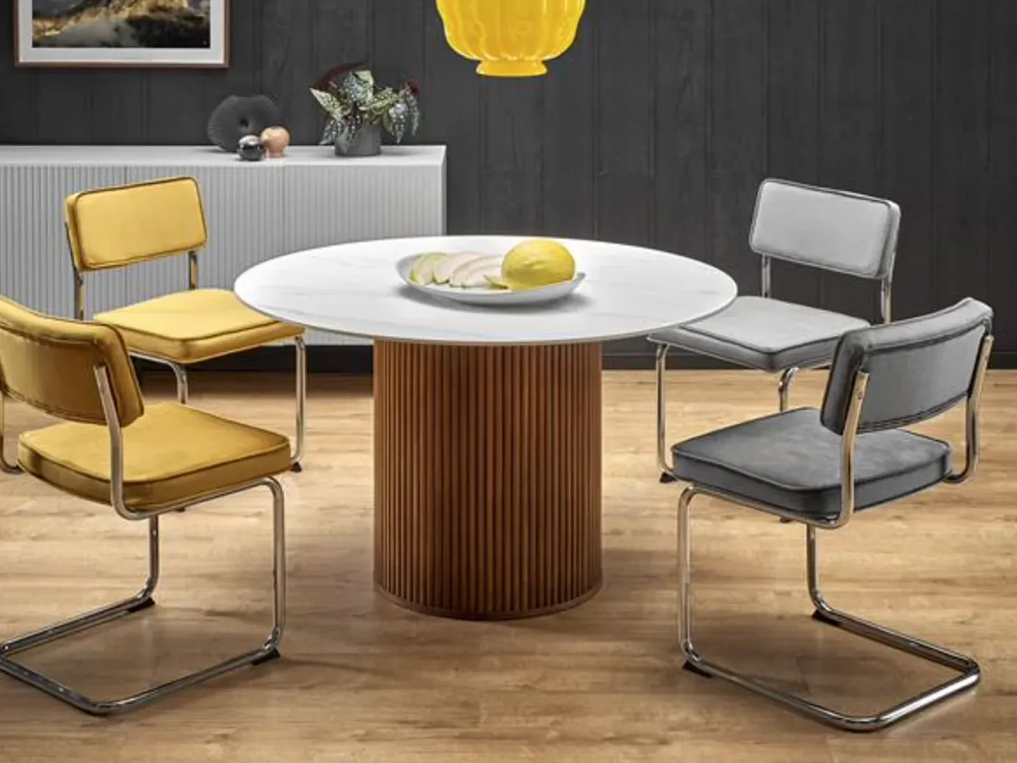 Mesa de comedor redonda de diseño Loco 120 cm en madera y mármol