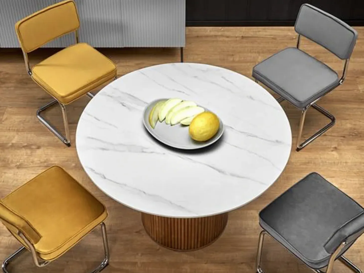 Mesa de comedor redonda de diseño Loco 120 cm en madera y mármol