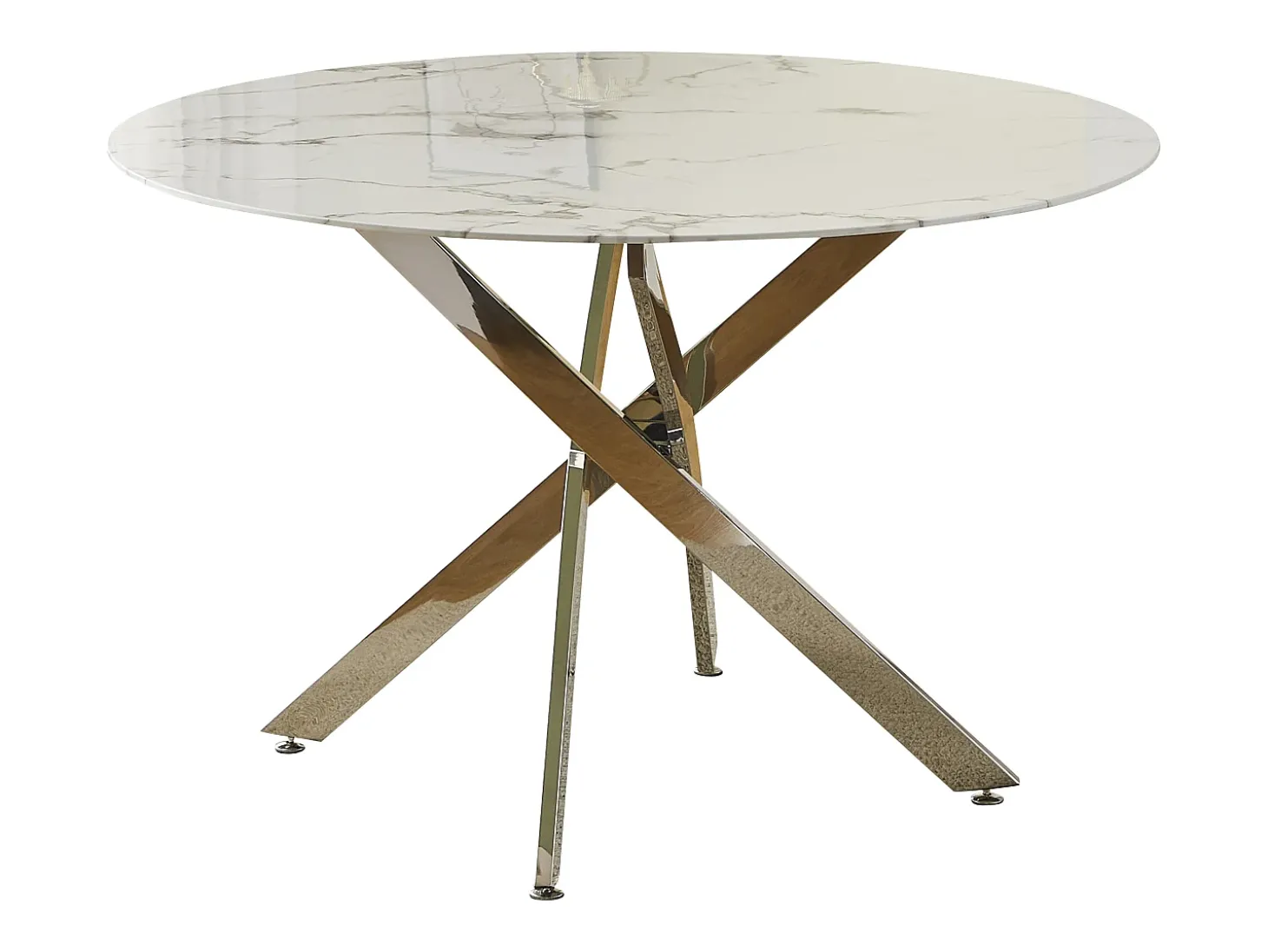 Mesa de comedor redonda de vidrio templado - Efecto mármol blanco y metal cromado – 4 personas – CHIARA
