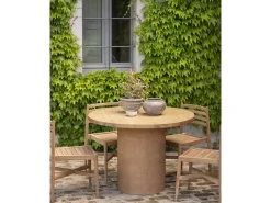 Mesa de comedor redonda de madera maciza tono roble medio y patas de microcemento en tono terracota DECOWOOD de Ø120x75cm - LUCÍA - DECOWOOD
