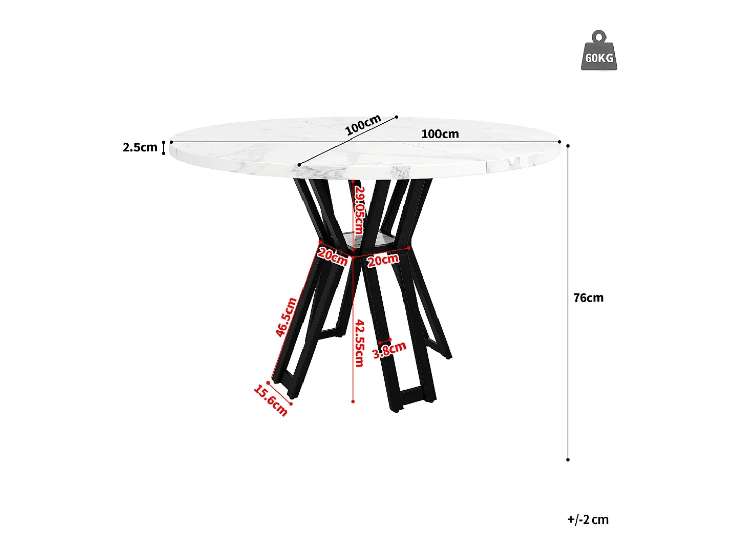 Mesa de comedor redonda, diseño moderno, MDF y metal negro jaspeado, para 4-6 personas (100x100x76 cm)