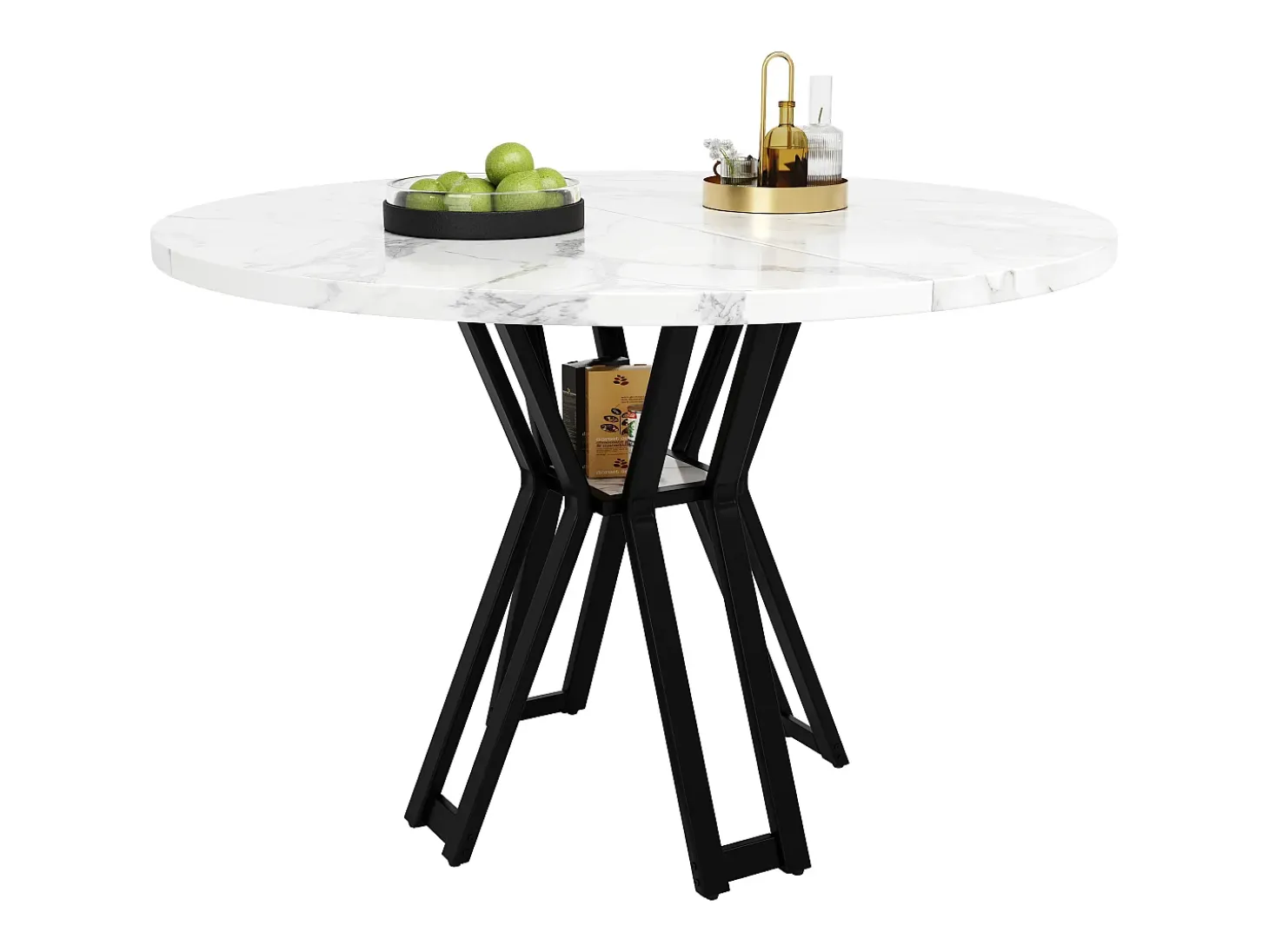 Mesa de comedor redonda, diseño moderno, MDF y metal negro jaspeado, para 4-6 personas (100x100x76 cm)