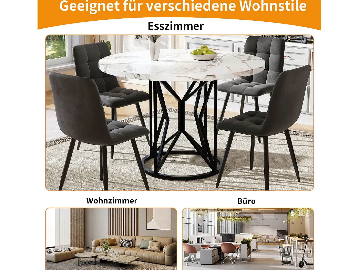Mesa de comedor redonda, diseño moderno, MDF y metal negro jaspeado, para 4-6 personas (100x100x76 cm)
