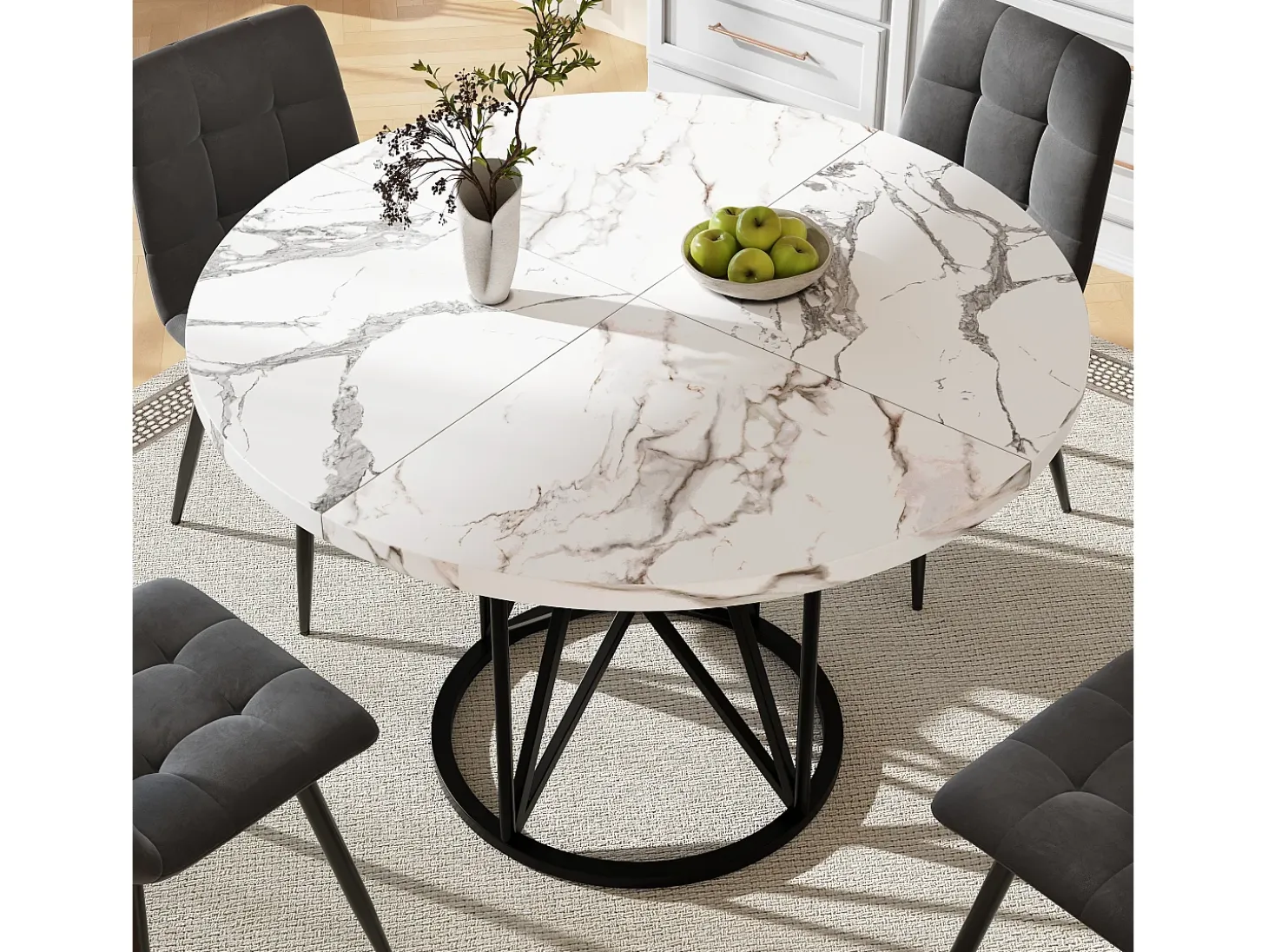 Mesa de comedor redonda, diseño moderno, MDF y metal negro jaspeado, para 4-6 personas (100x100x76 cm)