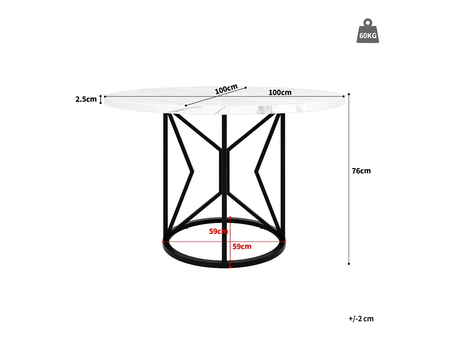 Mesa de comedor redonda, diseño moderno, MDF y metal negro jaspeado, para 4-6 personas (100x100x76 cm)