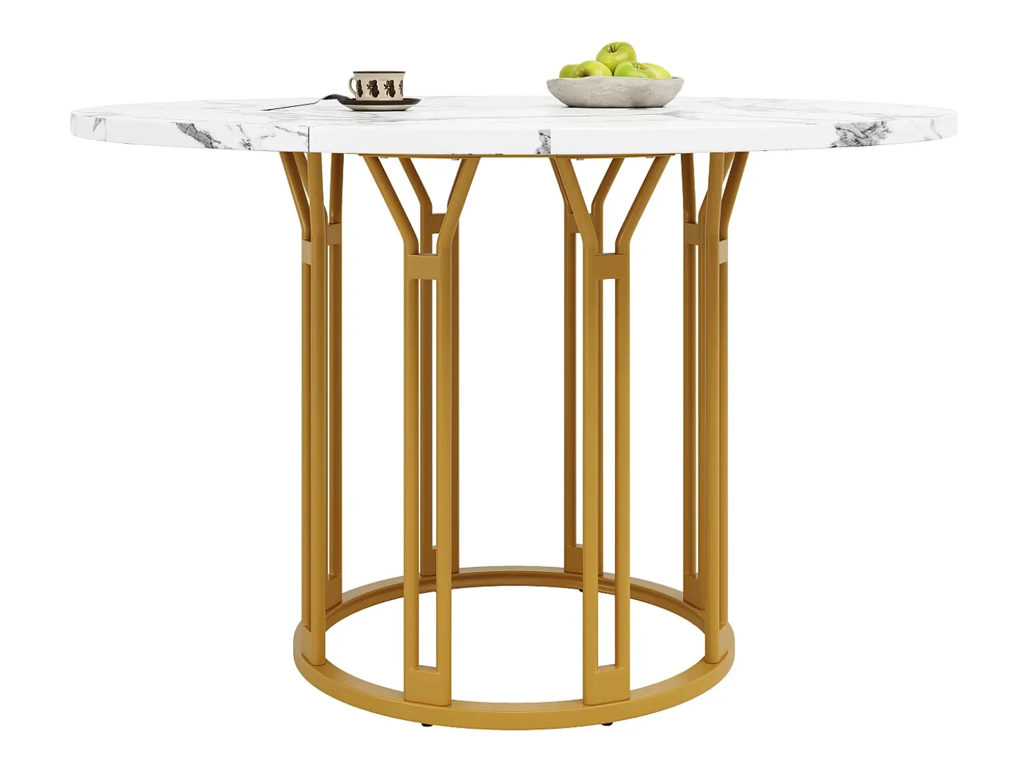 Mesa de comedor redonda, diseño moderno con base de metal, tapa de mármol, MDF y metal, color dorado y negro (100x100x74cm)