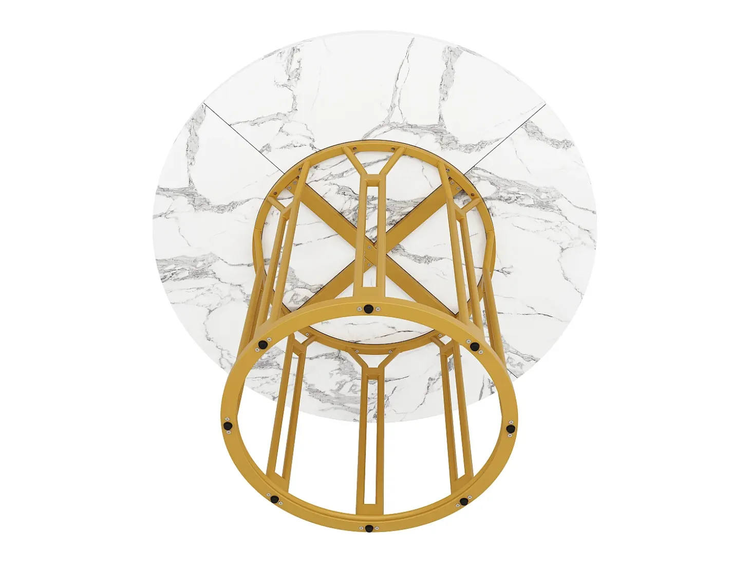 Mesa de comedor redonda, diseño moderno con base de metal, tapa de mármol, MDF y metal, color dorado y negro (100x100x74cm)