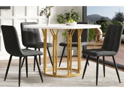 Mesa de comedor redonda, diseño moderno con base de metal, tapa de mármol, MDF y metal, color dorado y negro (100x100x74cm)