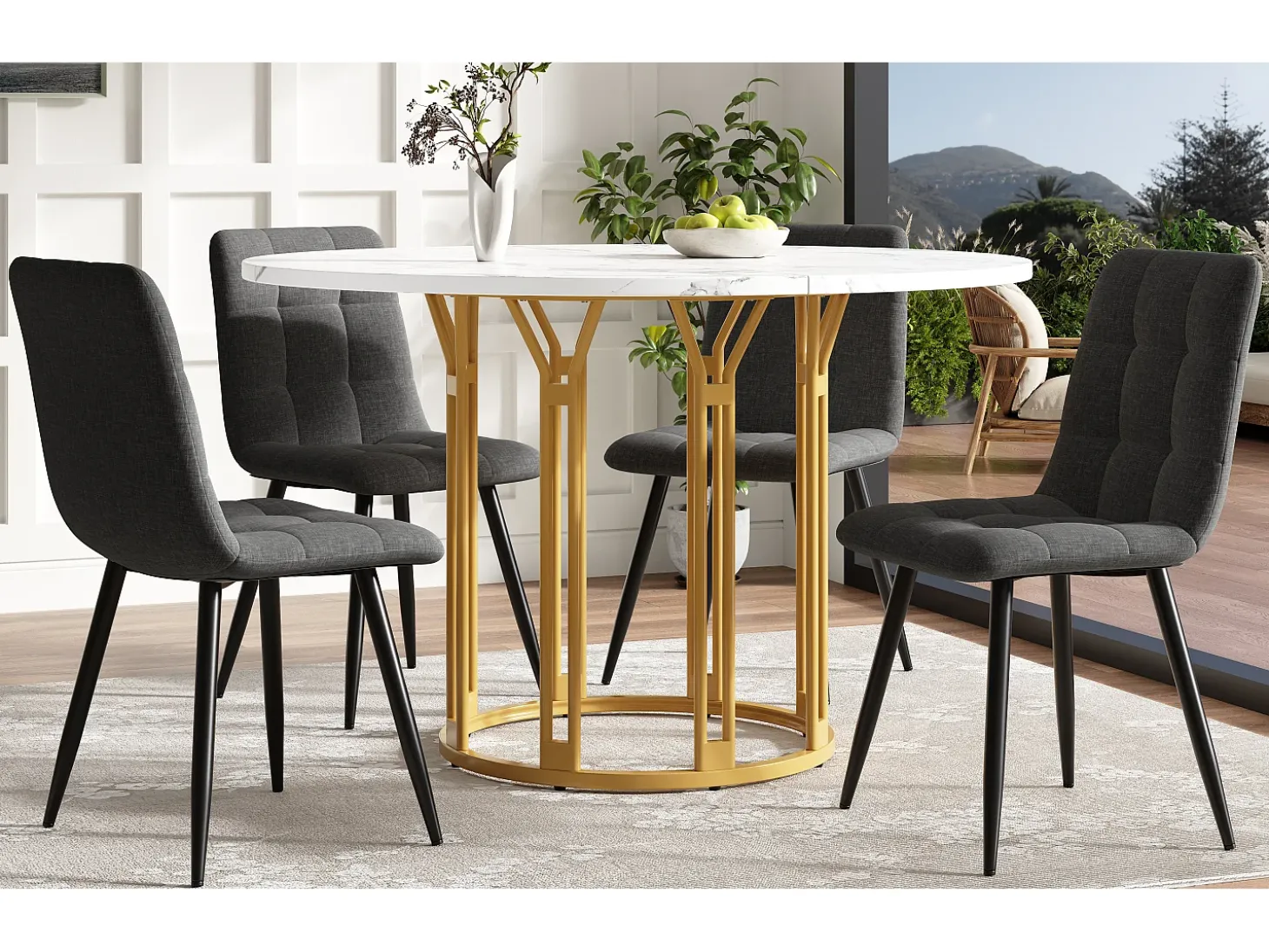 Mesa de comedor redonda, diseño moderno con base de metal, tapa de mármol, MDF y metal, color dorado y negro (100x100x74cm)