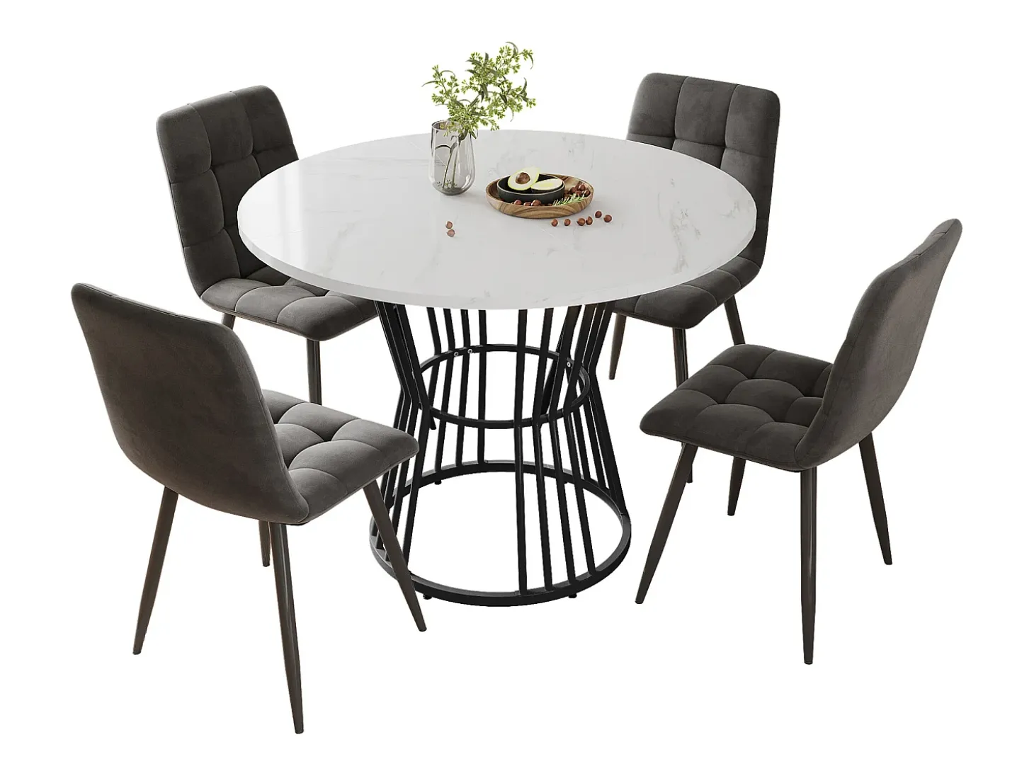 Mesa de comedor redonda de MDF con patas de metal, diseño moderno, estampado de mármol, color negro (100 cm de diámetro)