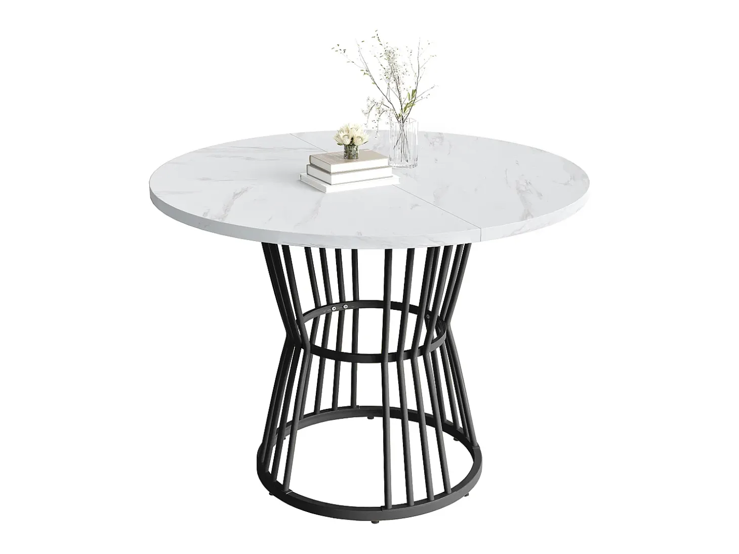Mesa de comedor redonda de MDF con patas de metal, diseño moderno, estampado de mármol, color negro (100 cm de diámetro)