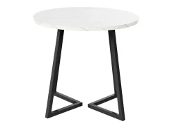 Mesa de comedor redonda de 80x80x75cm con tablero chapado efecto mármol blanco y patas de metal negro.