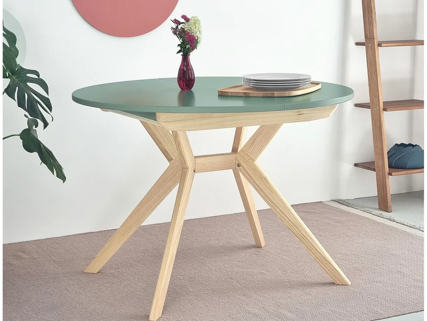 Mesa de comedor redonda extensible 110cm Biju Verde Salvia Roble